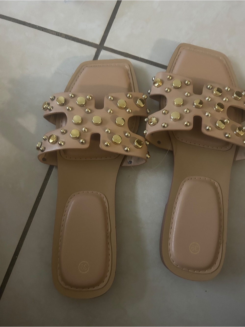 Beige Studded Slide Sandals for Women